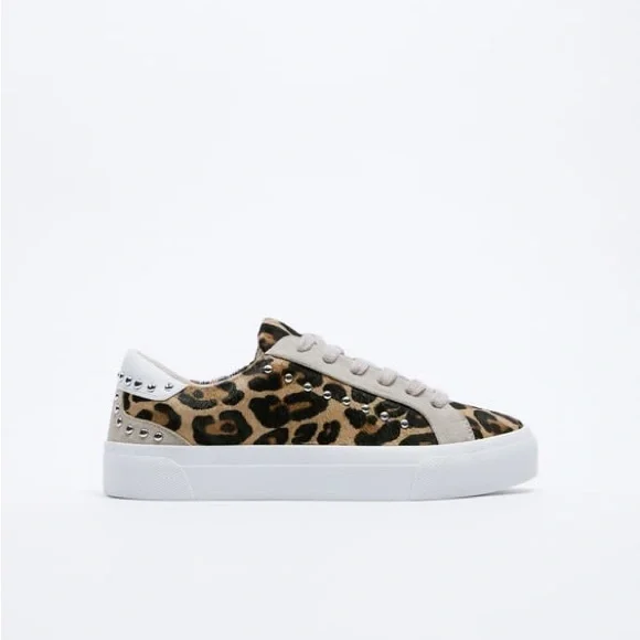 靴 zara animal print leather trainers New Zara Printed